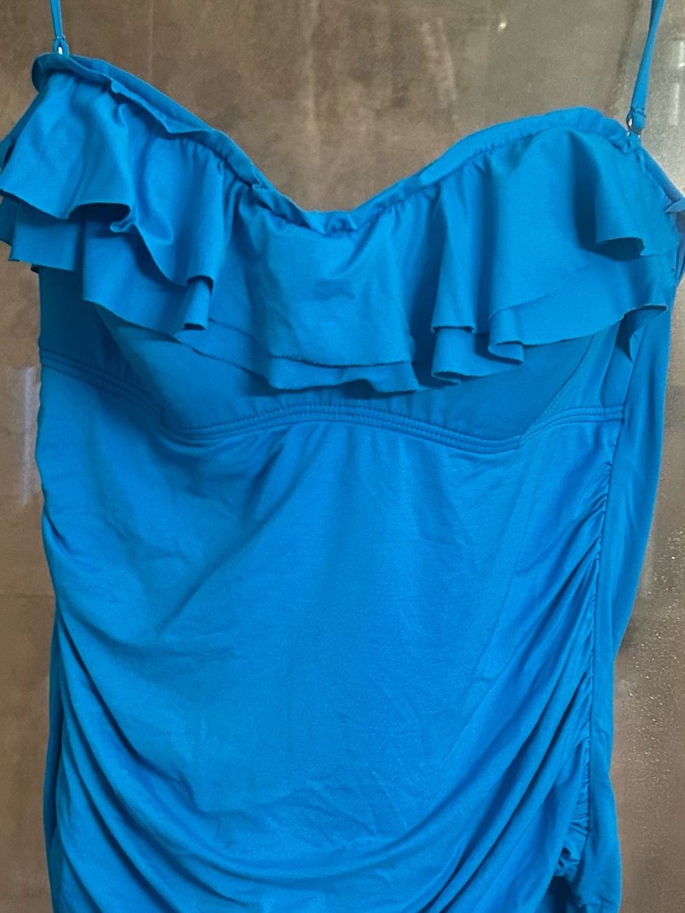 Ruffled One-Piece Swim suit in Bright Teal Blue. EUC